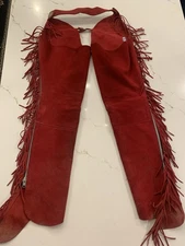 Barnstable Riding Chaps Red Suede Leather Fringe Size Med Thigh 23” Vintage