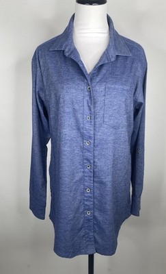 PrAna Aster Tunic Womens Blue Hemp Blend Long Sleeve Shirt M Split-Back Coastal