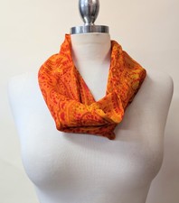 Vintage MOD 60s Silk Cowl Scarf Infinity Chiffon Orange Red Paisley