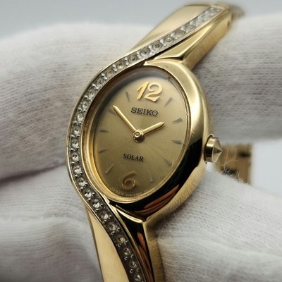 Seiko Ladies Gold Tone w/ Crystal Accent Solar Quartz Watch V115