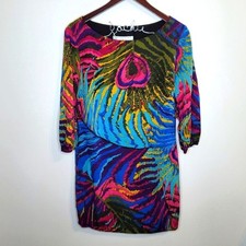 Trina Turk Silk Blend Colorful Peacock Shift Dress Size 6 Made in USA