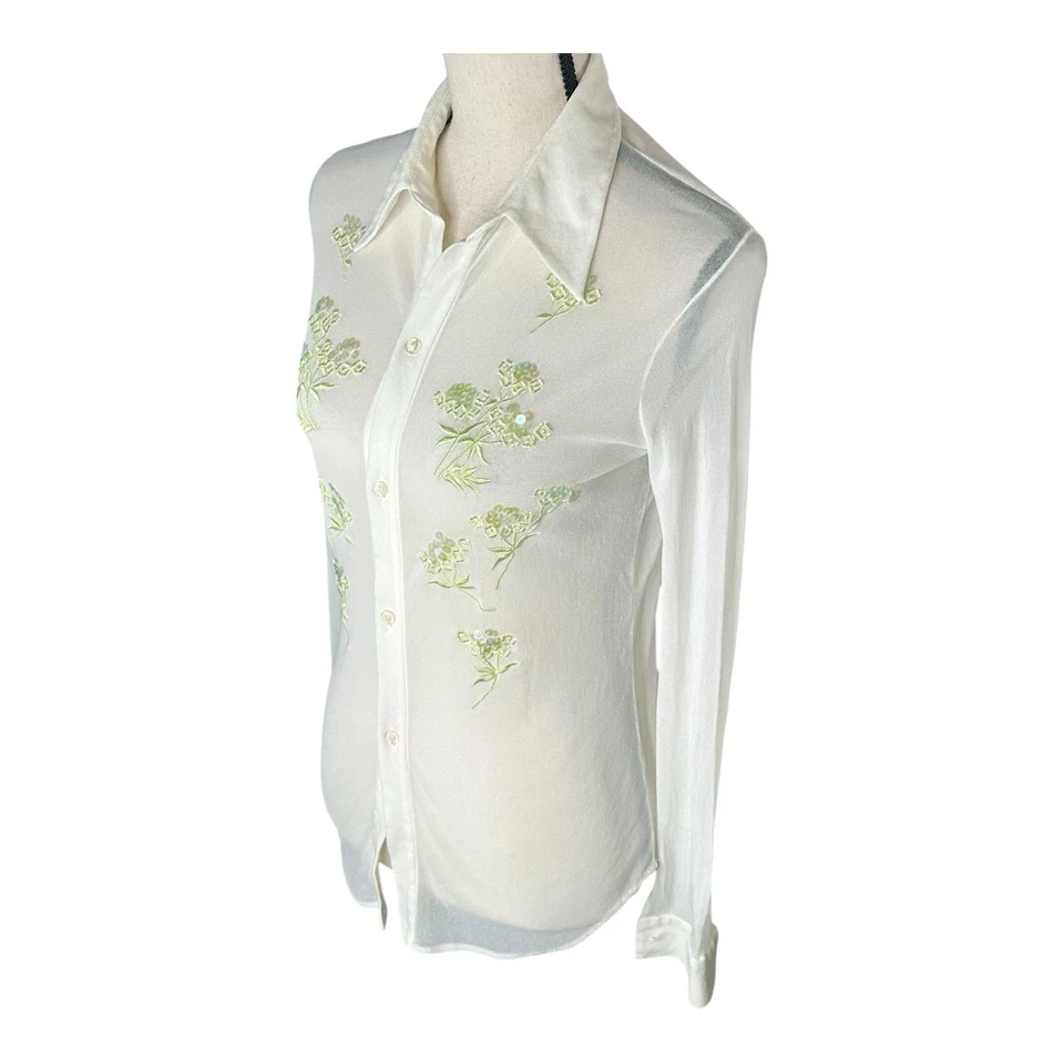 Camisa Y2K Vivienne Tam Años 90 Transparente Floral Marfil Bordado Lentejuelas Talla 2 Foto 3 de 4