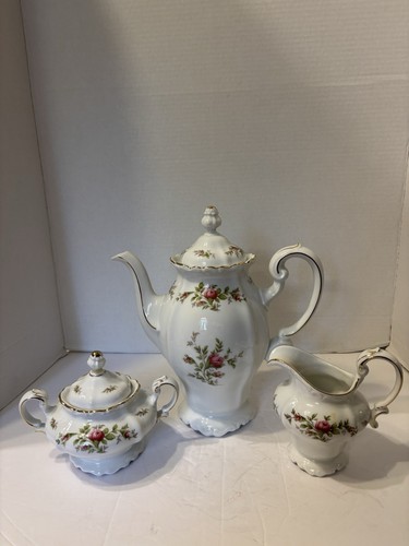 JOHANN HAVILAND BAVARIA GERMANY MOSS ROSE TEASET TEA POT CREAMER AND SUGAR