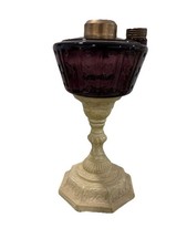 Antique Pink/Amethyst Pressed Glass Pedestal Oil Lamp with Clear Chimney — listing 5
