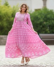 Women Cotton Floral Flared Maxi Anarkali Kurti/ Kurta Pink Party Dress With Belt