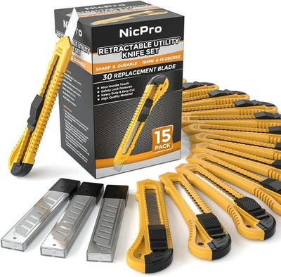 Nicpro 15 Pack Utility Knives with 30 PCS Extra Blades, Plastic Box Cutters Bulk