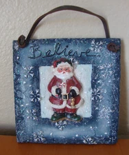 Santa Claus "Believe" Square Resin Glitter Xmas Plaque Wall Hanging Sign