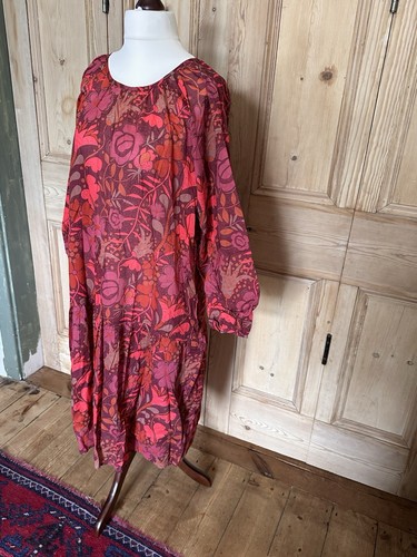 Gudrun Sjoden Red Floral Cotton Midi Tunic Dress Pockets Size L UK 16-18 - Picture 3 of 10