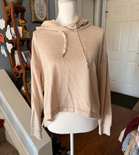 Aerie Women  s Beige Cotton Knit Pullover Hoodie S Drawstring Long Sleeve