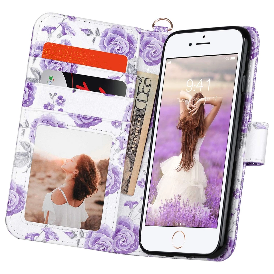 Funda Cartera con Tarjetero para iPhone SE 3(2022)/SE(2020)/8/7, Premium Flor... Foto 2 de 4