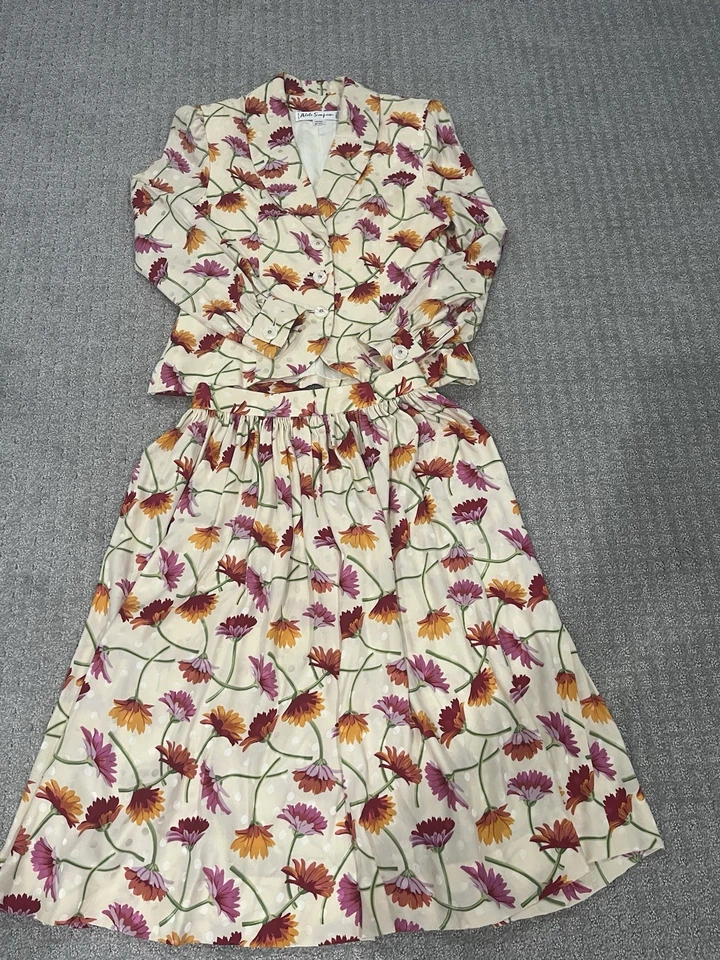 Conjunto de 2 piezas falda y blazer floral vintage años 50 Adele Simpson 100 % seda para mujer 12 Foto 2 de 4