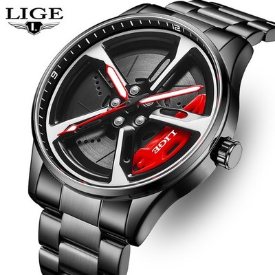 Mens Casual Watch Skeleton Wheel Dial Luminous Waterproof Steel Male Wristwatch