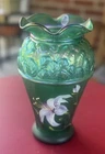 Fenton Green Iridescent Vase, Hand Painted Floral Designer Showcase Signed