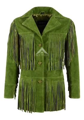 Damen Western Fransen Lederjacke limettengrün klassischer Stil echtes Wildleder Jacke