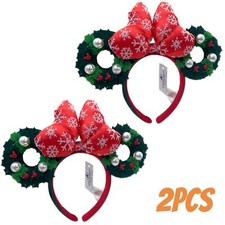 Disney-Parks Red Christmas Holiday Minnie Mouse Bow Wreath Ears Headband 2Pcs