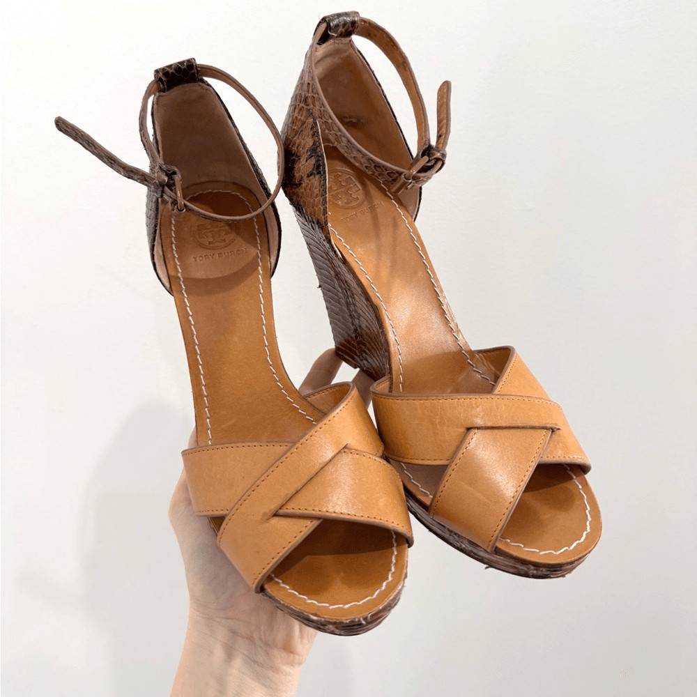 TORY BURCH Brown Leather and Python Platform Wedg… - image 3