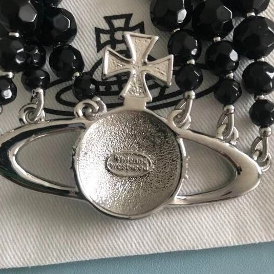 Vivienne Westwood Messaline Triple Three Row Black Gem Silver Necklace Choker - Image 4 of 4