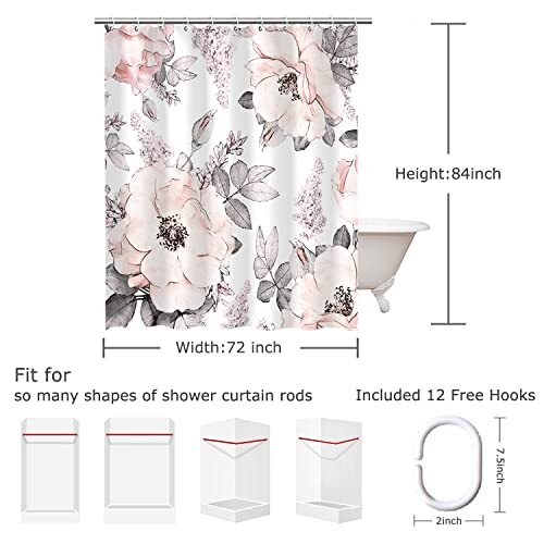 Pink Gray Flower Shower Curtain, Watercolor Floral Shower 72Wx84H A-white - Bild 4 von 7