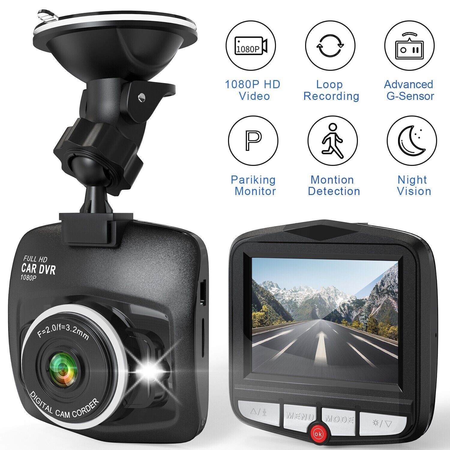 Dashboard Camera with Night Vision Front Rear G-Sensor 1080P HD DVR Recorder-image