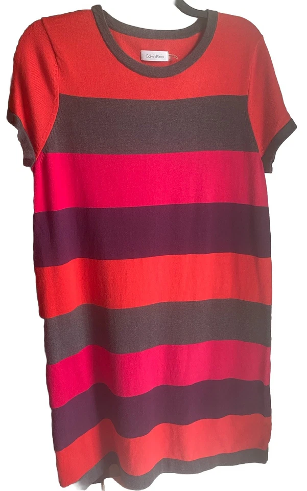 Calvin Klein 彩色条纹粉色灰色红色紫色针织毛衣连衣裙大号二手状况完好 — 第 3/4 张图片