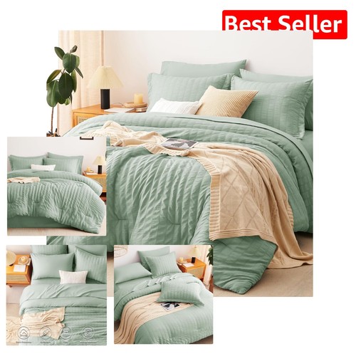 Juego de edredón King Microfibra Seersucker - Elegante ropa de cama verde salvia para todas las estaciones