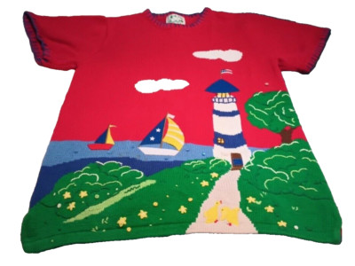 ''The Quacker Factory'' VTG Short Sleeve Lighthouse Sweater Lake Small Y2K Retro