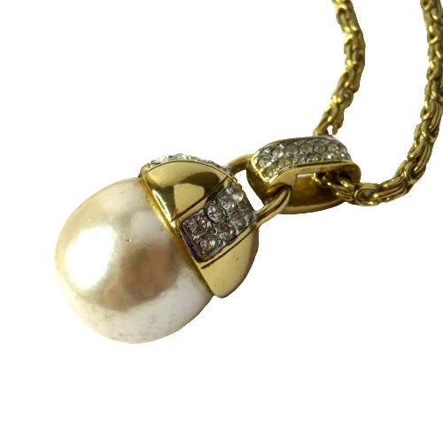 Vintage GIVENCHY Baroque Pearl Rhinestone Pendant G Tone Necklace 36" Long