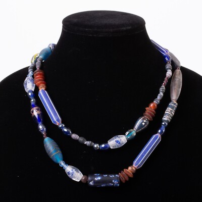 Vintage Handmade Artist Crafted Bead Necklace Blue Glass Ceramic Hippie BoHo 20''