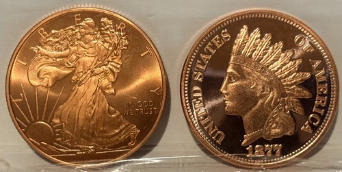 1 oz .999 Fine Copper Rounds - Walking Liberty & Indian Head Cent (Lot of 2)