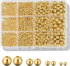 1100 Pcs Gold Beads Smooth round Beads 3/4/6/8Mm Gold Spacer Loose Ball Bead Kit