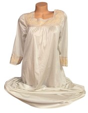 GOSSARD ARTEMIS Ivory Silky Long Beige Lace Trim Nylon Nightgown M