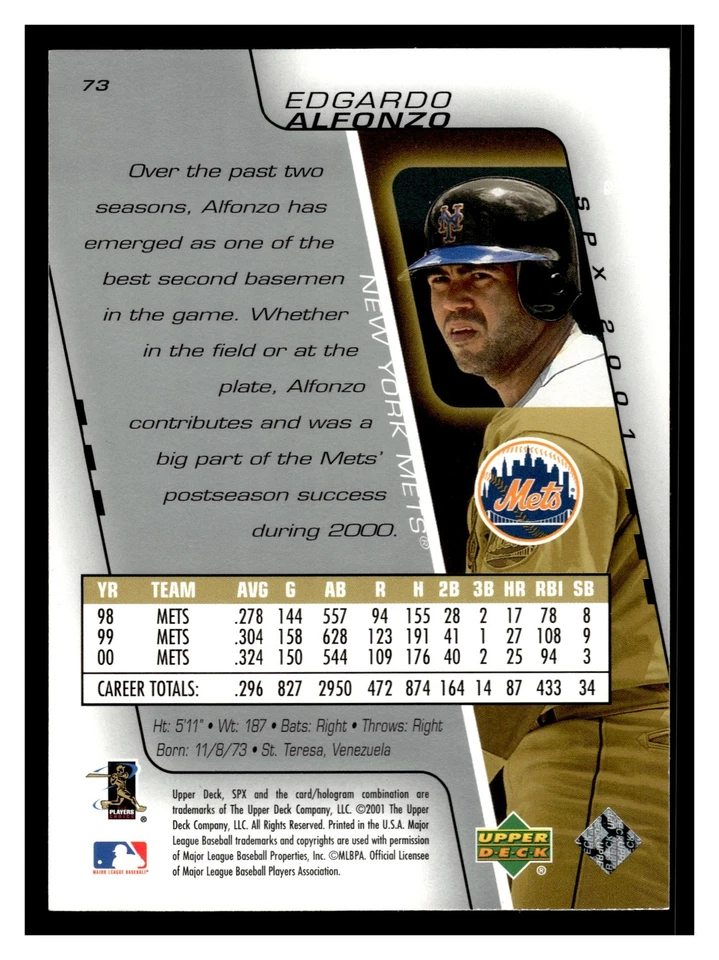 2001 SPx Edgardo Alfonzo #73 New York Mets - Image 2 of 2