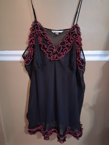 Cucique Vtg 90's Black Pink Ruffles Chemise Lingerie Babydoll Nightgown 26/28