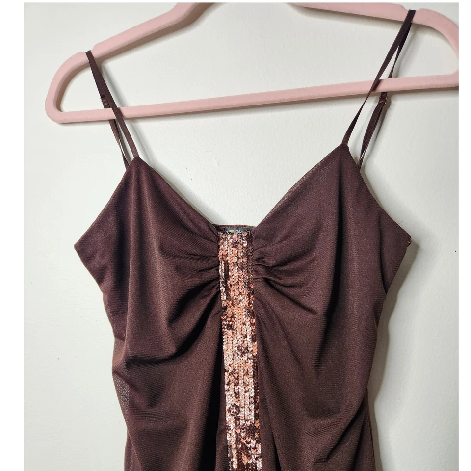 Y2K Babydoll Brown Sequin Cami Tank Top Forest Fairy Size Medium VTG - Image 2 of 4