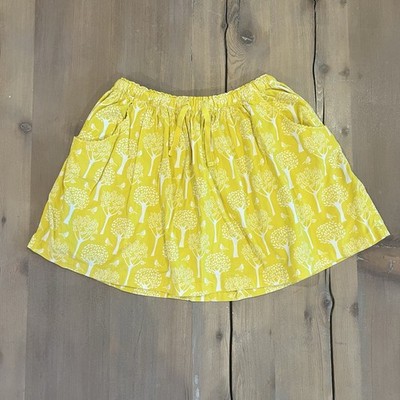 Mini Boden Birds Trees Yellow Corduroy Skirt Elastic Waist Pocket Sz 9-10 Years