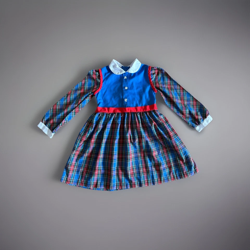 Vestido de vacaciones vintage Sears para niñas - talla 6 - cuadros azules, botones ABC, Navidad Foto 2 de 4