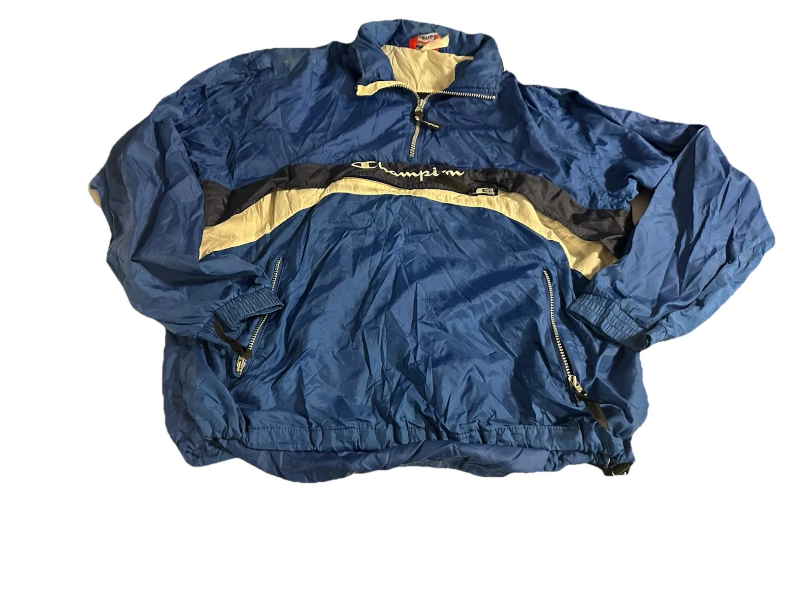 Vintage Champion Windbreaker Mens Jacket Blue & White Track 90s XL