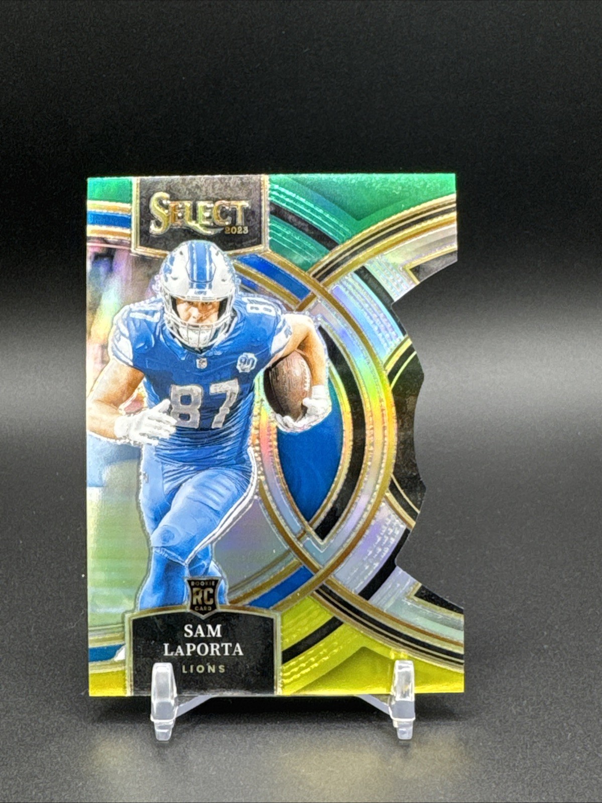 2023 Select Premier Level Sam LaPorta #106 Green & Yellow Prizm Die-Cut Rookie