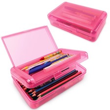 Pencil Box, Case, Double Layer Large Capacity Plastic Rose Pink