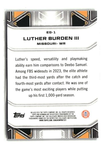 2024 Bowman University Best #EG-1 Luther Burden III Elementos del Juego - Imagen 2 de 2
