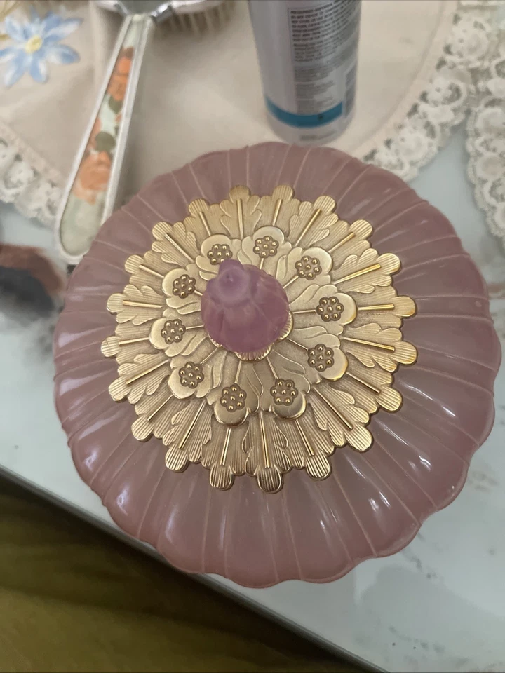 Vintage Avon Pink Lotus Blossom Dusting Powder Jar w/ Powder 1970s Vanity Decor - image 2 of 4