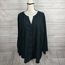 Catherines Womens Button Up Blouse Size 3X 26/28W Blue Black Roll Tab Sleeve
