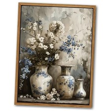 Framed Farmhouse Floral 16L" x 12W" Blue and white porcelain flowers Floating