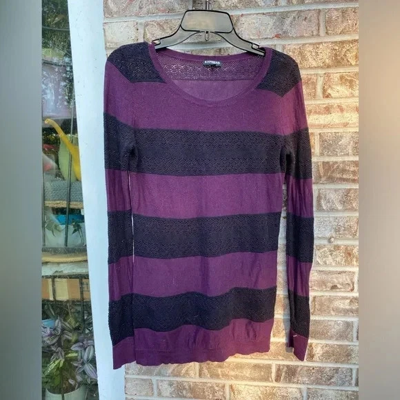 Suéter Express Para Mujer Vino Púrpura y Negro Rayas Otoño Crochet Tejido Talla M Foto 4 de 4