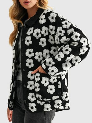 All in Favor Floral High Pile Black/White Fleece Jacket NWOT Sz Small