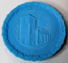 Vintage Fenton Christmas 1971 Blue Satin Glass Old Brick Church 8" Plate
