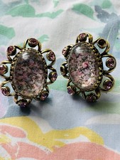 Vintage Pink Confetti Floral Clip On Earrings Pink Rhinestone Large Statement