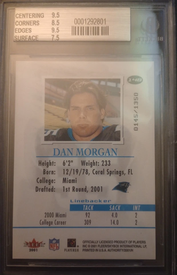 2001 Fleer Authority #148 Dan Morgan Rookie RC Panthers - BGS 8.5 - Image 2 of 2