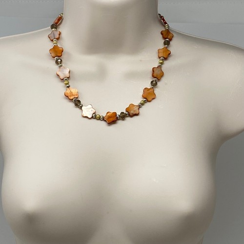 Handmade Beaded Necklace Orange Mother of Pearl Flower Beads with Pearls & Glass - Picture 2 of 6