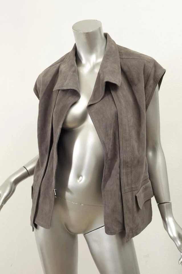 VINCE $795 Mujer Gris Gamuza Moto Moto Moto Motociclista Chaleco Bolsillos S 2016 NUEVO Foto 4 de 4